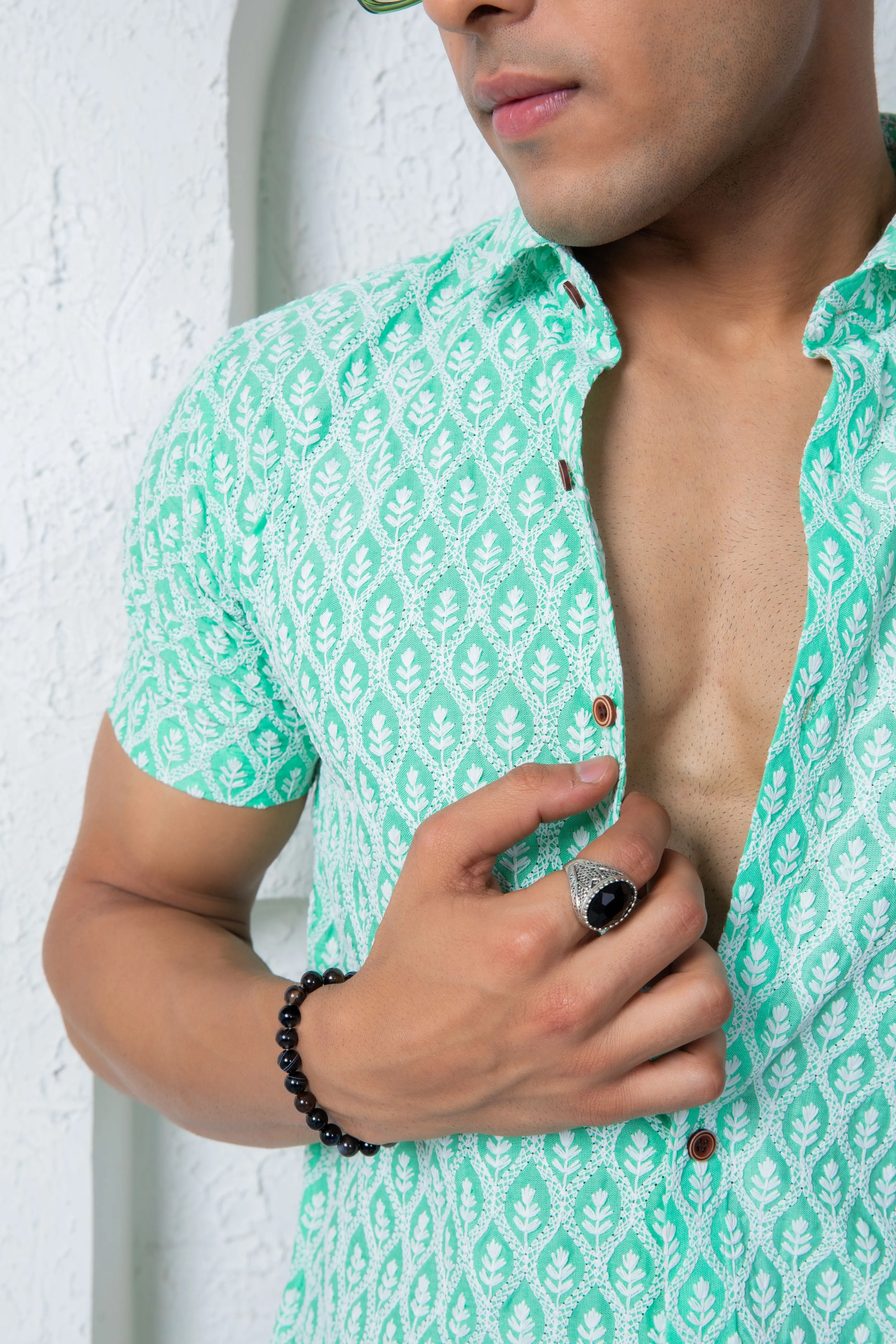 Firangi Yarn Super Soft Half Sleeves Chikankari schiffli Embroided Men's Shirt Pine Green