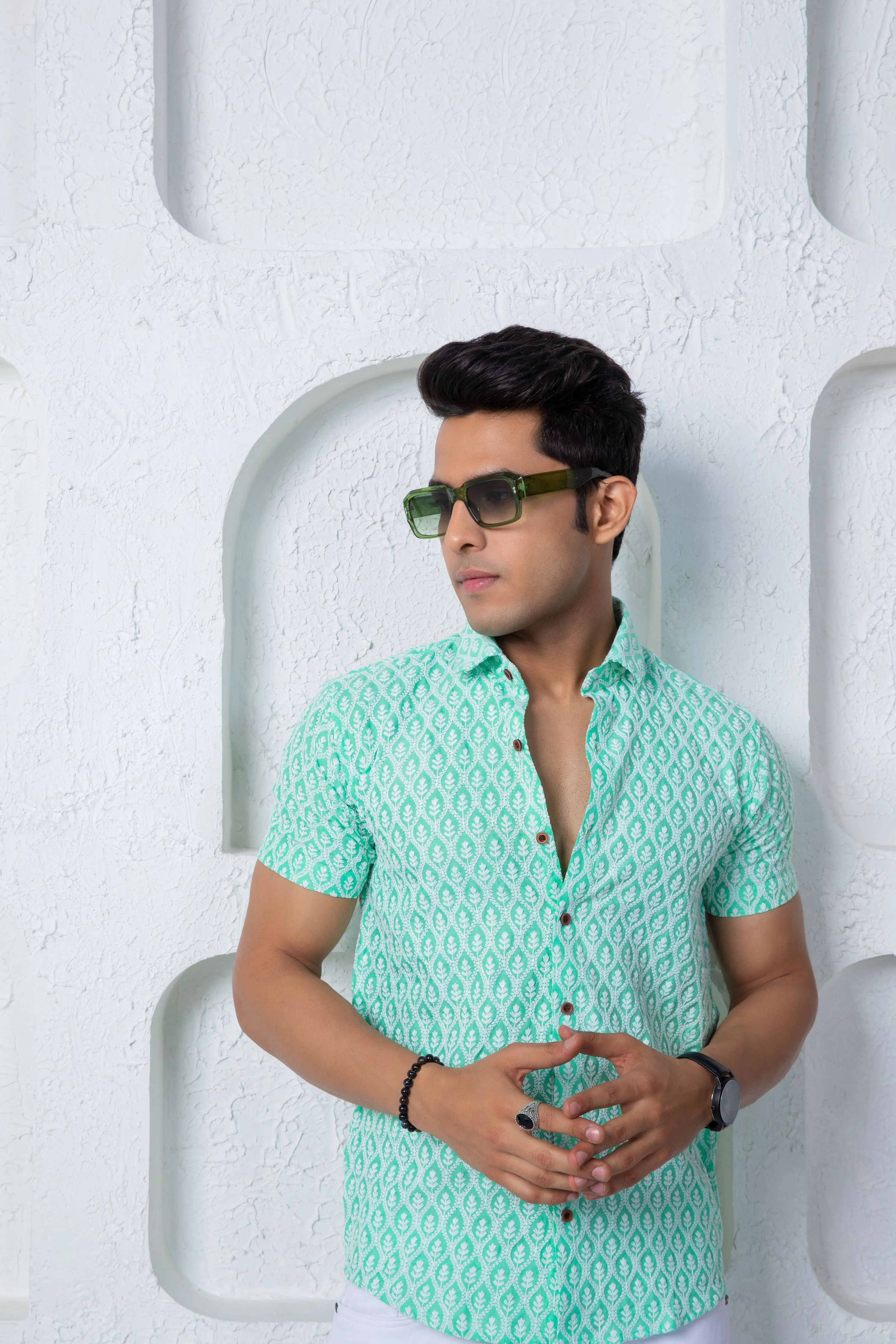Firangi Yarn Super Soft Half Sleeves Chikankari schiffli Embroided Men's Shirt Pine Green