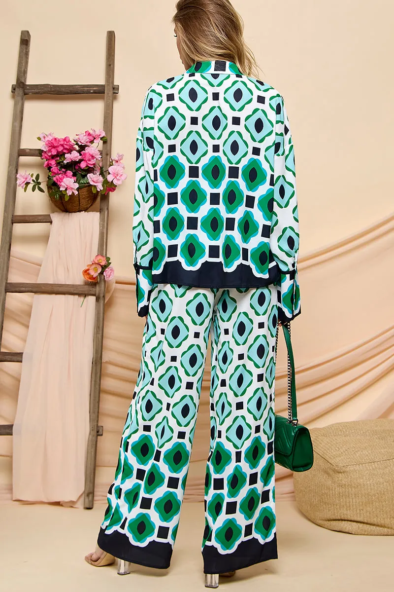 Geometric Print Long Shirts and High Waist Wide