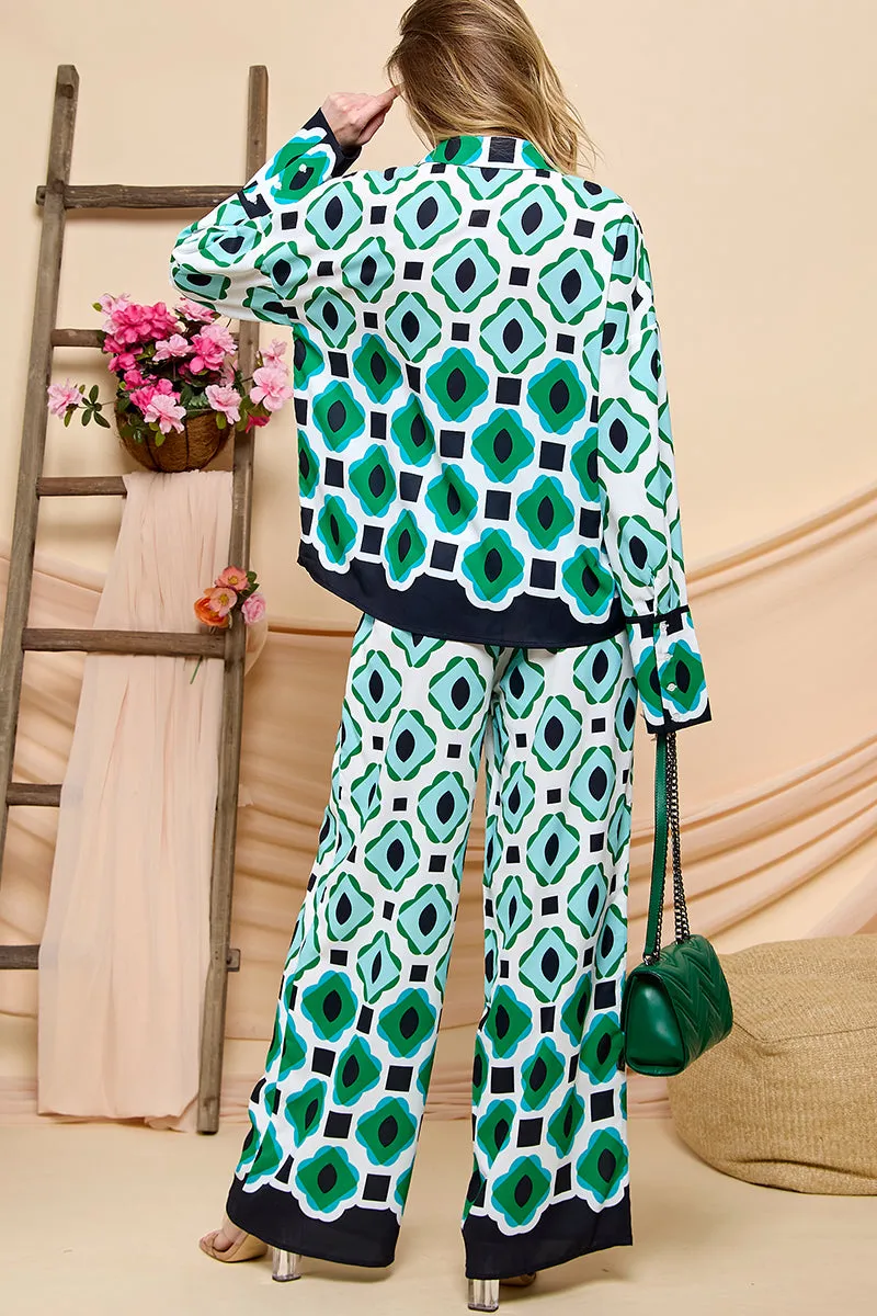 Geometric Print Long Shirts and High Waist Wide