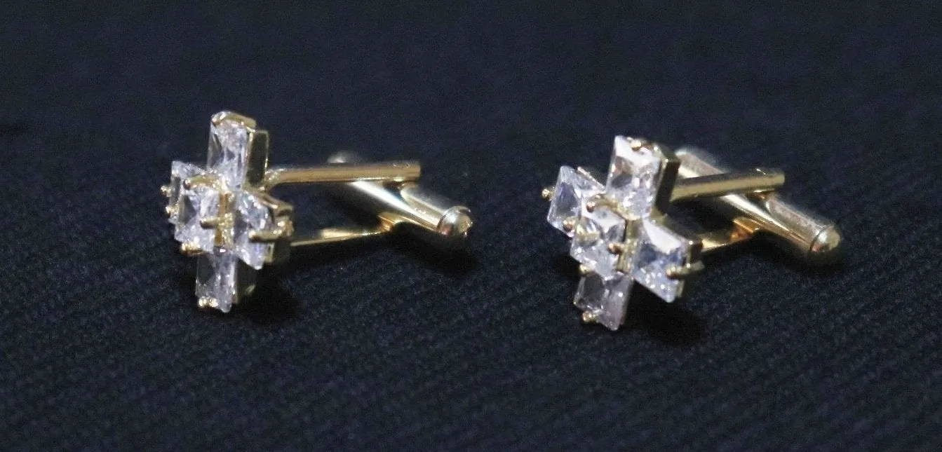 Golden Crystals Cross Designer Metallic Cufflinks