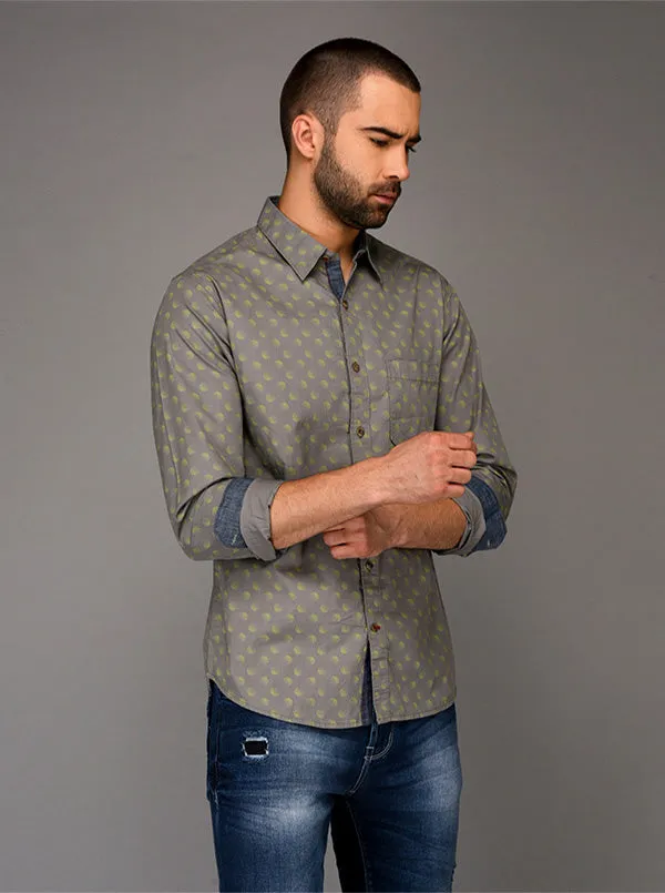 Greenfibre Grey Printed Slim Fit Casual Shirt