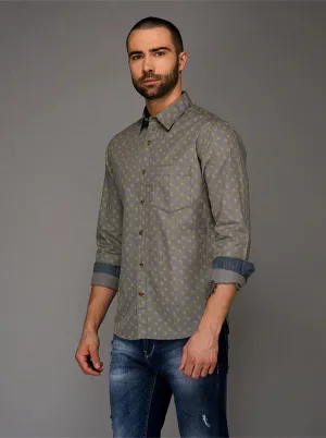 Greenfibre Grey Printed Slim Fit Casual Shirt