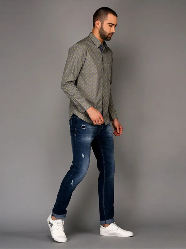 Greenfibre Grey Printed Slim Fit Casual Shirt