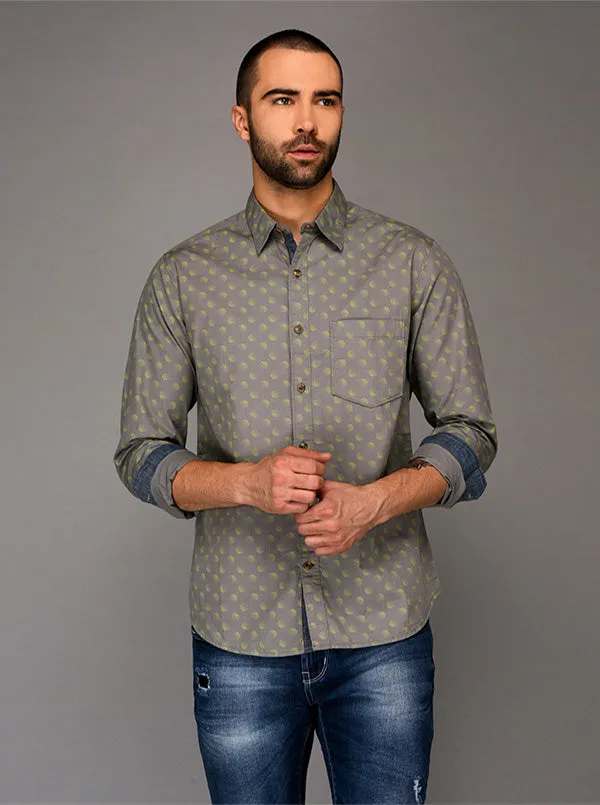 Greenfibre Grey Printed Slim Fit Casual Shirt
