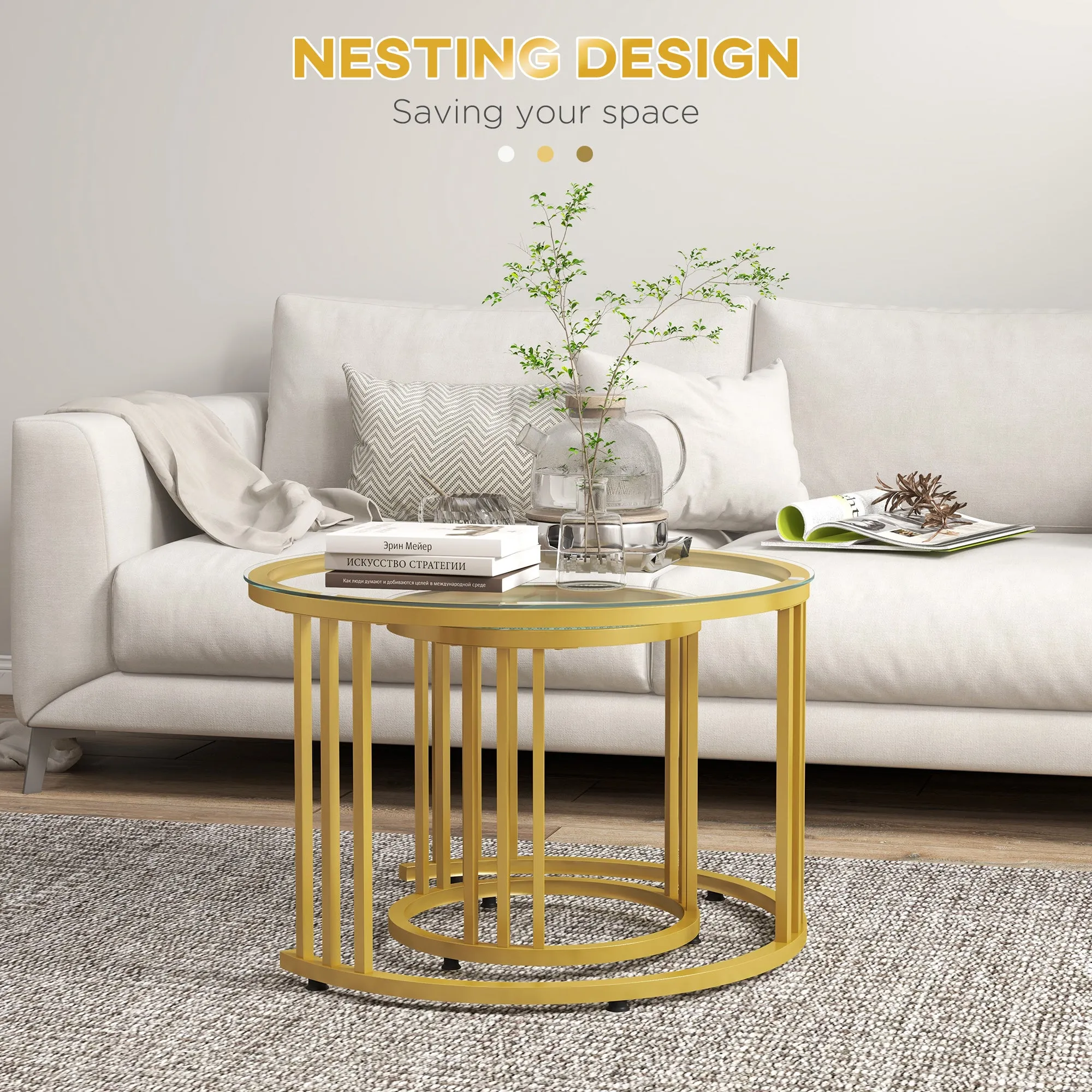 HOMCOM Nest of Tables, Round Coffee Tables Set of 2 with Tempered Glass Top and Steel Frame for Living Room, Gold Tone