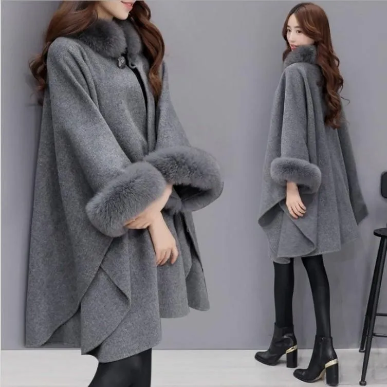Korean Mid-Length Wool Coat Elegant Shawl Women Outerwear