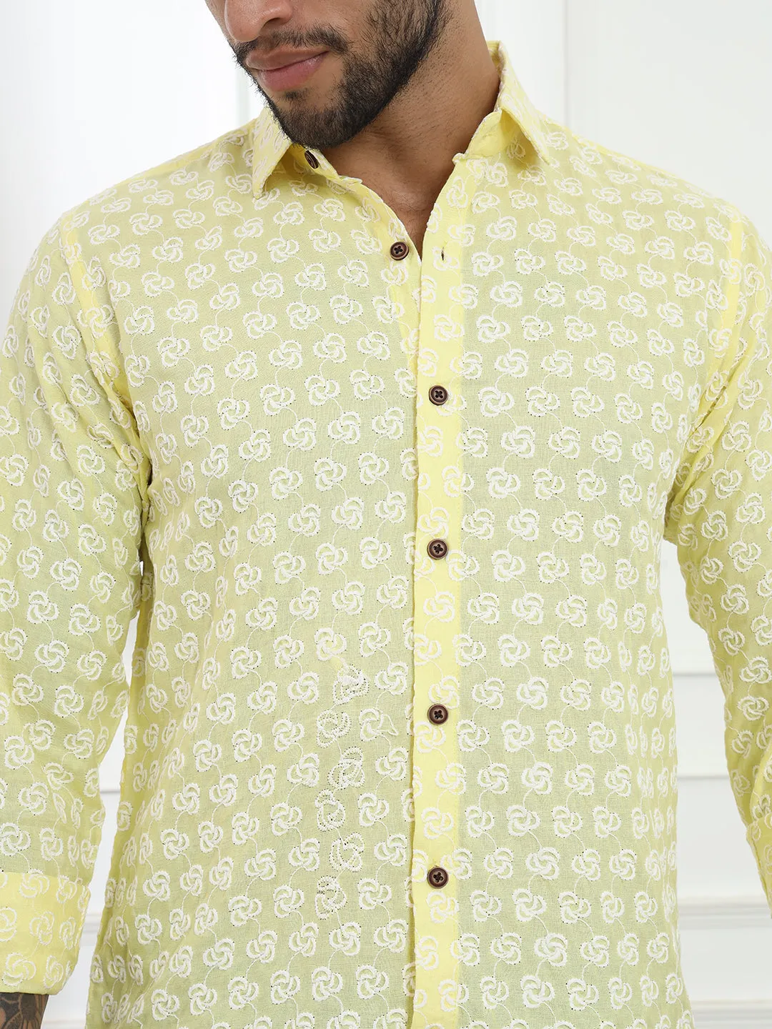 Laddoo Peela Yellow Firangi Yarn Super Soft Full Sleeves Chikankari schiffli Embroided Men's Shirt
