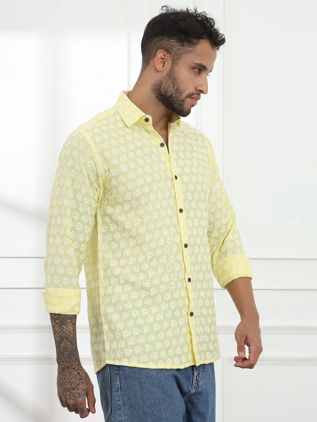 Laddoo Peela Yellow Firangi Yarn Super Soft Full Sleeves Chikankari schiffli Embroided Men's Shirt