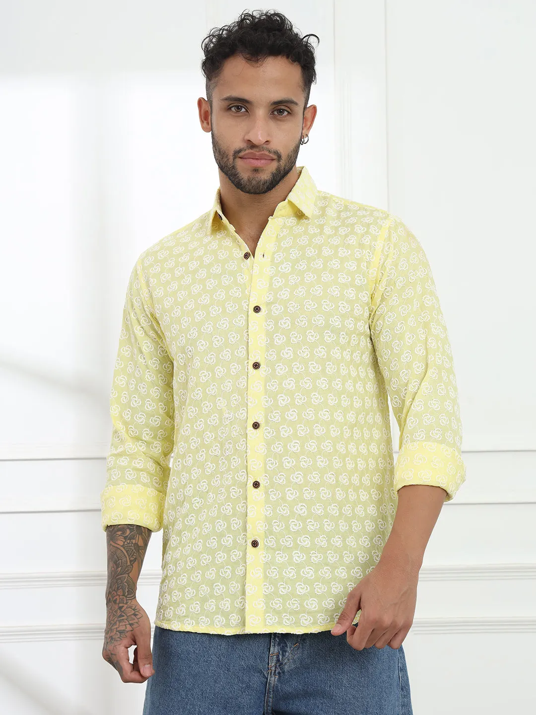 Laddoo Peela Yellow Firangi Yarn Super Soft Full Sleeves Chikankari schiffli Embroided Men's Shirt