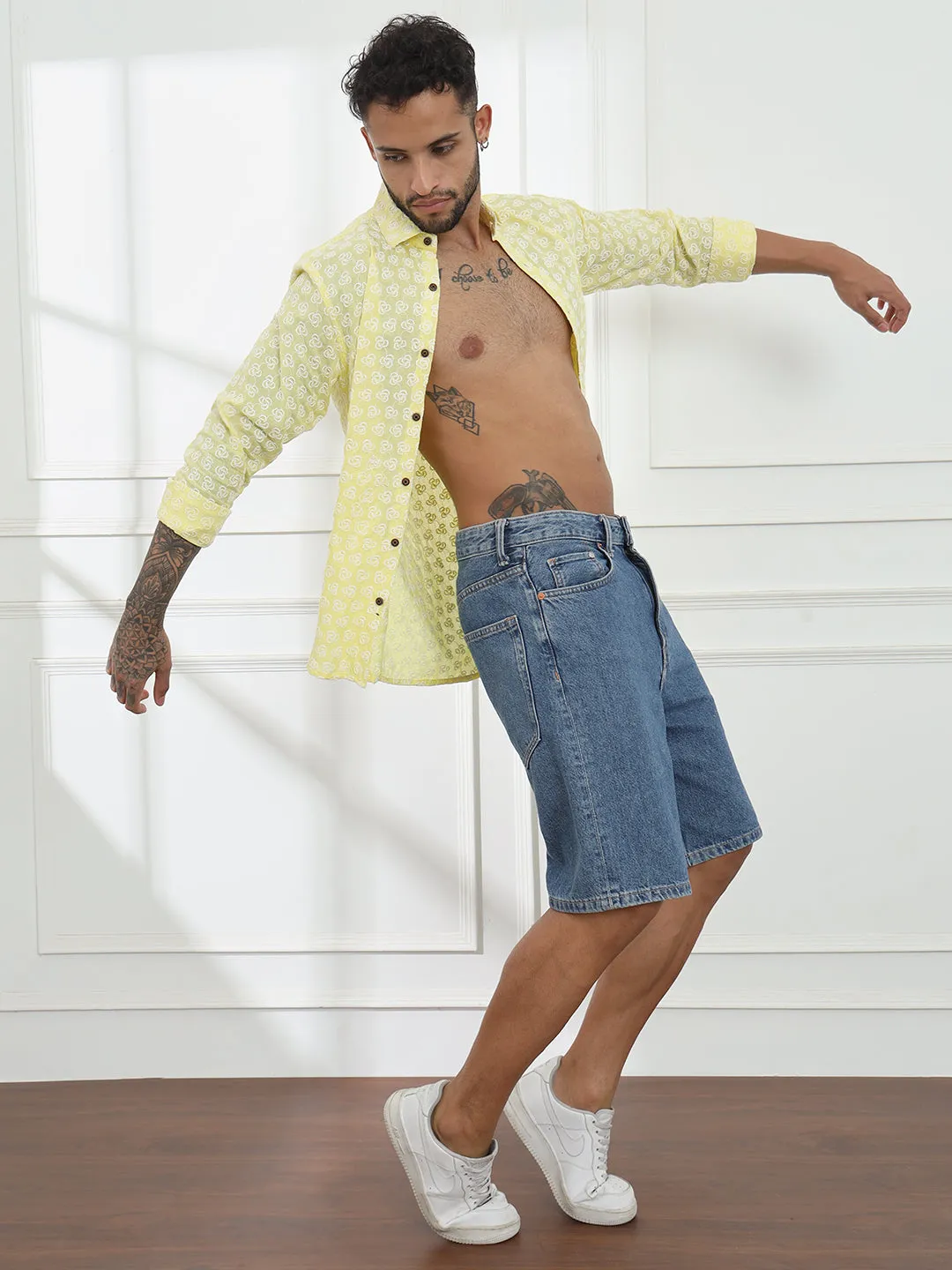 Laddoo Peela Yellow Firangi Yarn Super Soft Full Sleeves Chikankari schiffli Embroided Men's Shirt