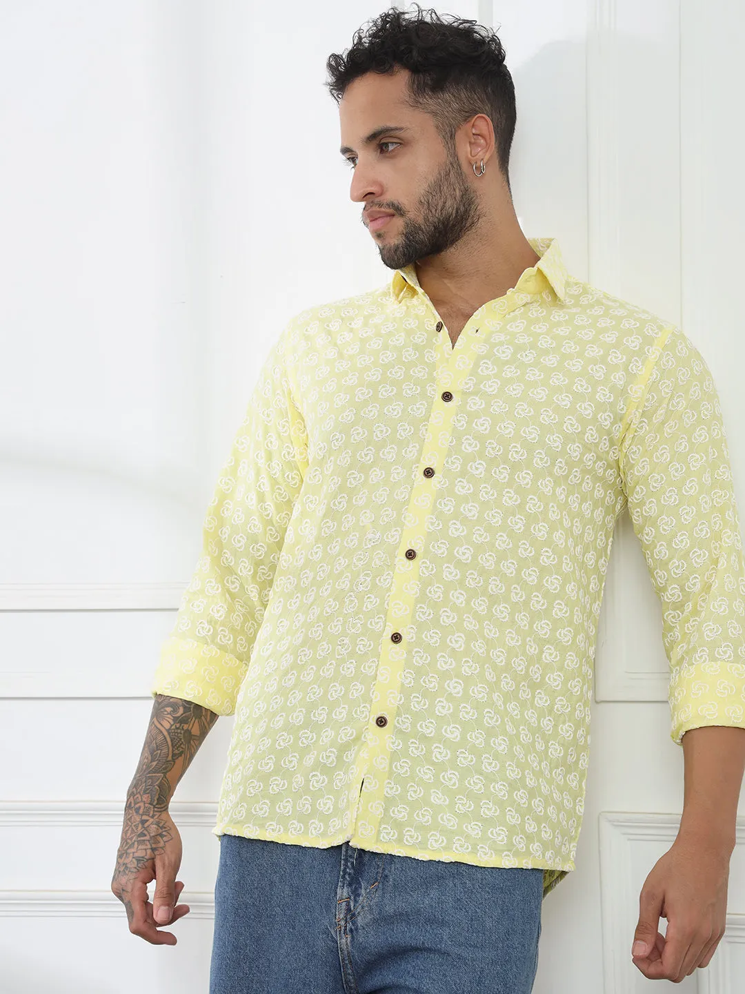 Laddoo Peela Yellow Firangi Yarn Super Soft Full Sleeves Chikankari schiffli Embroided Men's Shirt