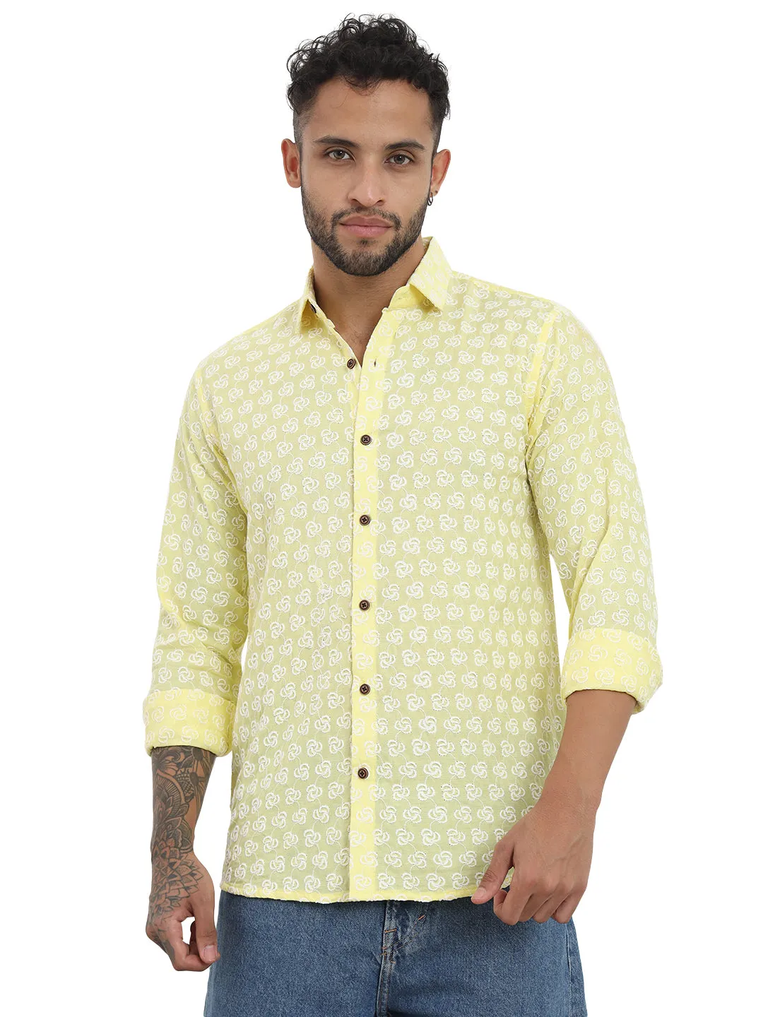 Laddoo Peela Yellow Firangi Yarn Super Soft Full Sleeves Chikankari schiffli Embroided Men's Shirt