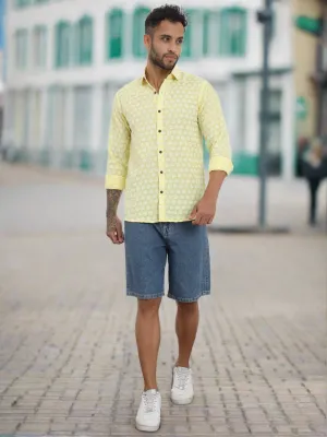 Laddoo Peela Yellow Firangi Yarn Super Soft Full Sleeves Chikankari schiffli Embroided Men's Shirt