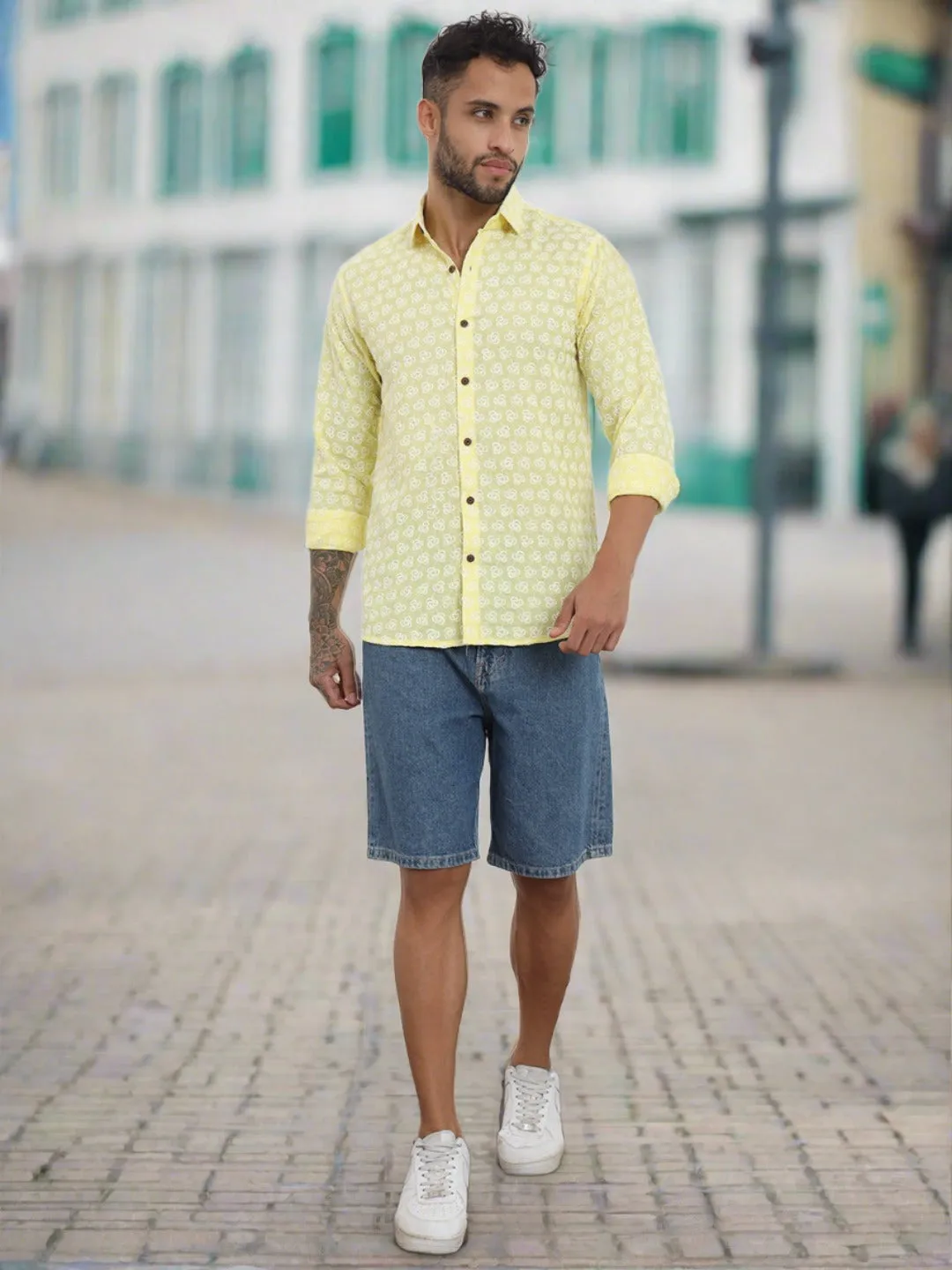Laddoo Peela Yellow Firangi Yarn Super Soft Full Sleeves Chikankari schiffli Embroided Men's Shirt
