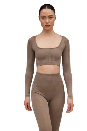 LONG SLEEVE CROPPED TOP - Tan Vintage