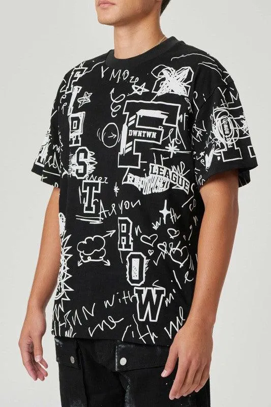 Mens Black All Over Hand Doodling Puff Print Tee Shirt