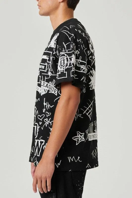 Mens Black All Over Hand Doodling Puff Print Tee Shirt