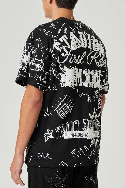 Mens Black All Over Hand Doodling Puff Print Tee Shirt