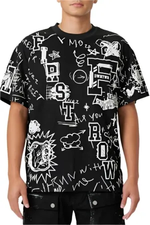 Mens Black All Over Hand Doodling Puff Print Tee Shirt