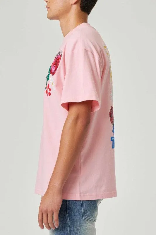 Mens Pink Flower Embo/Puff Tee Shirt