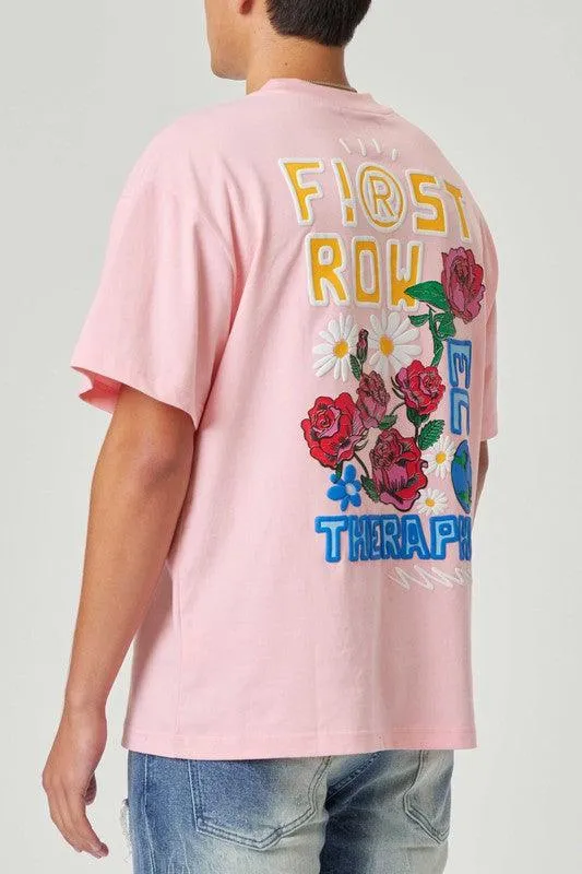 Mens Pink Flower Embo/Puff Tee Shirt