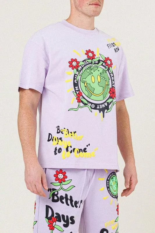Mens Pink Flower Graphic Tee Shirt