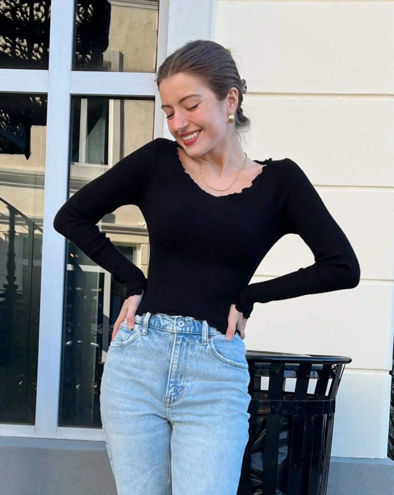 MEROKEETY Long Sleeve Low Cut Slim Fitted Ribbed Knit Crop Top