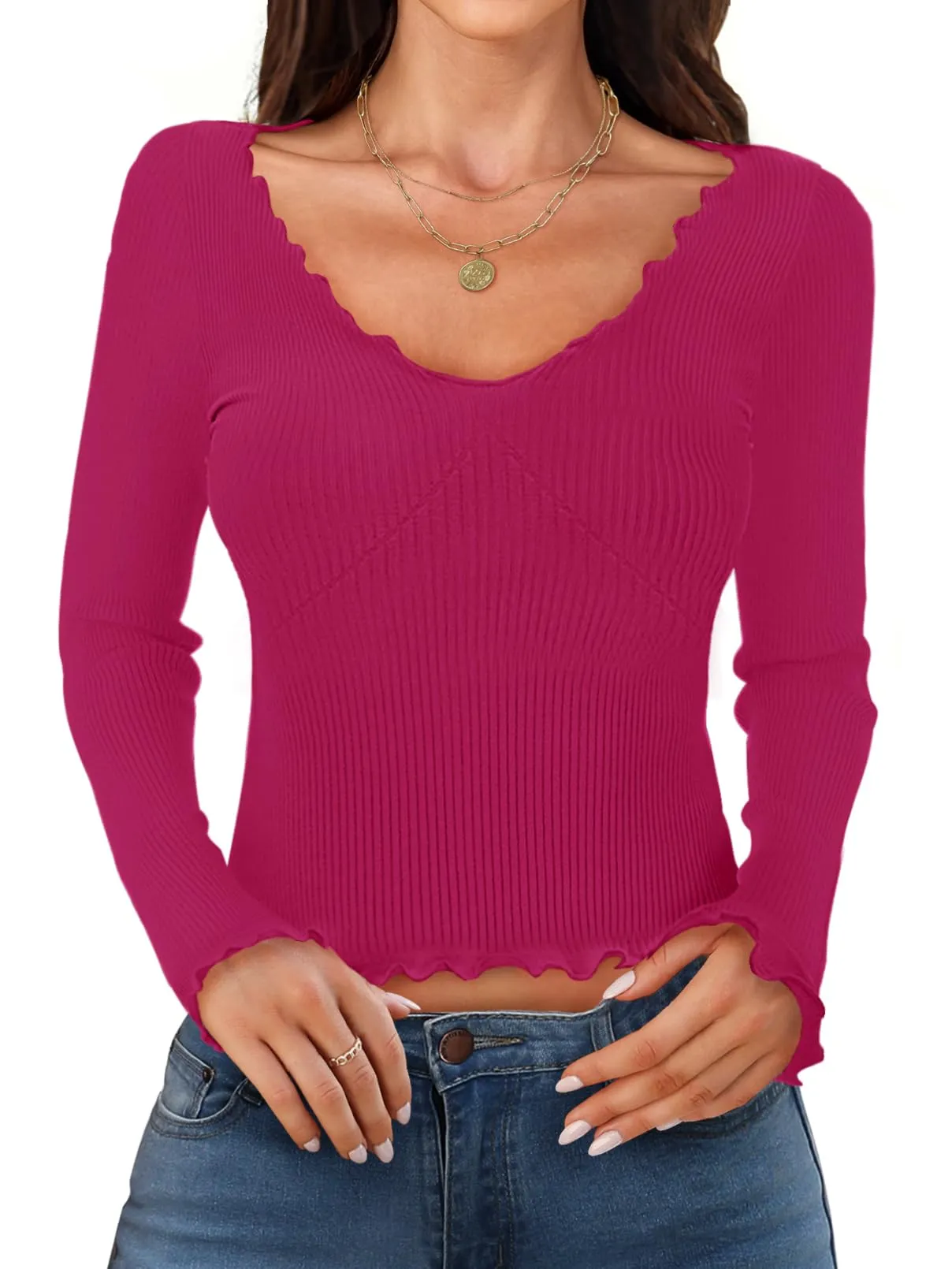 MEROKEETY Long Sleeve Low Cut Slim Fitted Ribbed Knit Crop Top