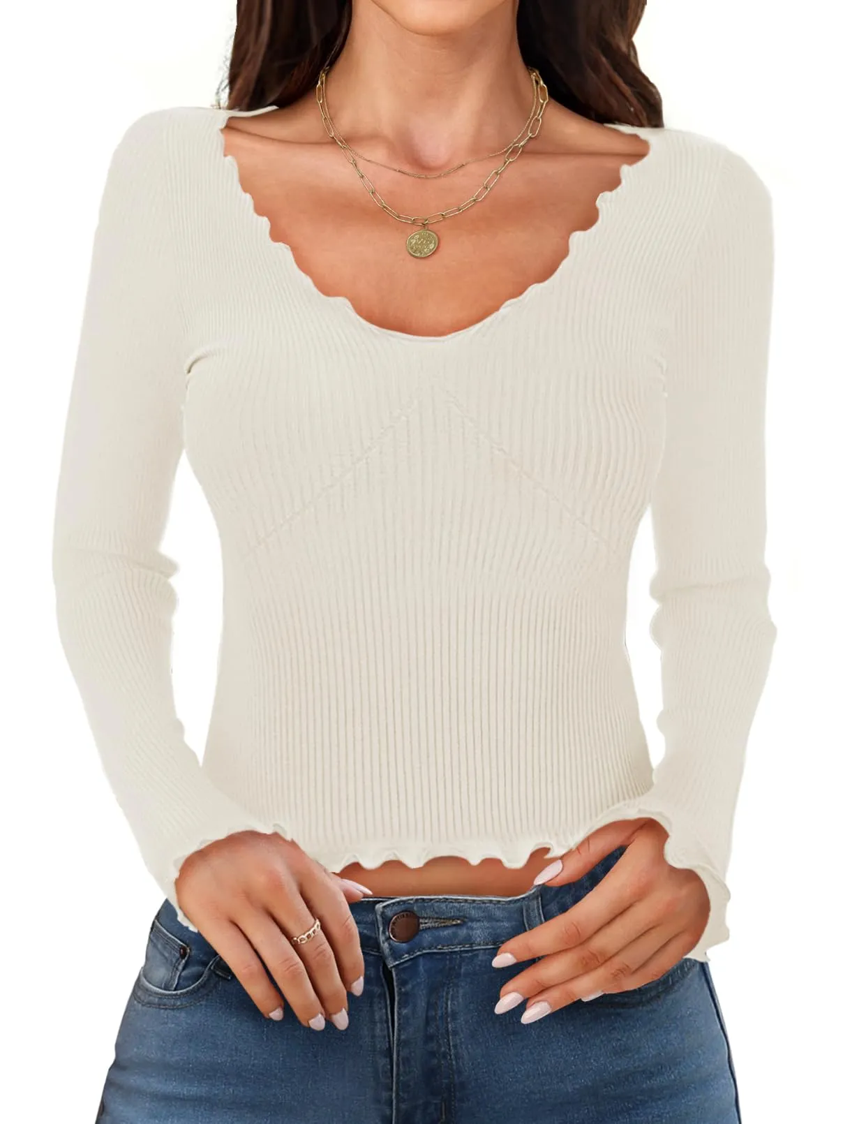 MEROKEETY Long Sleeve Low Cut Slim Fitted Ribbed Knit Crop Top