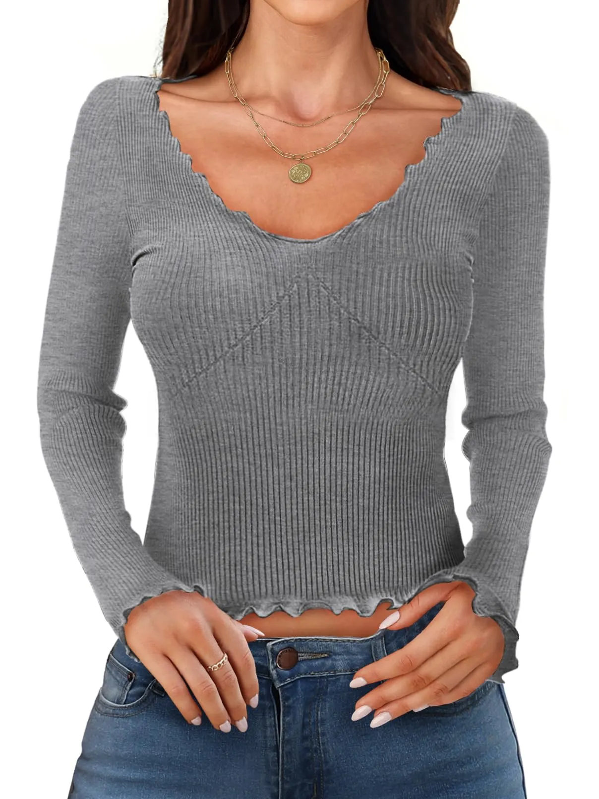 MEROKEETY Long Sleeve Low Cut Slim Fitted Ribbed Knit Crop Top