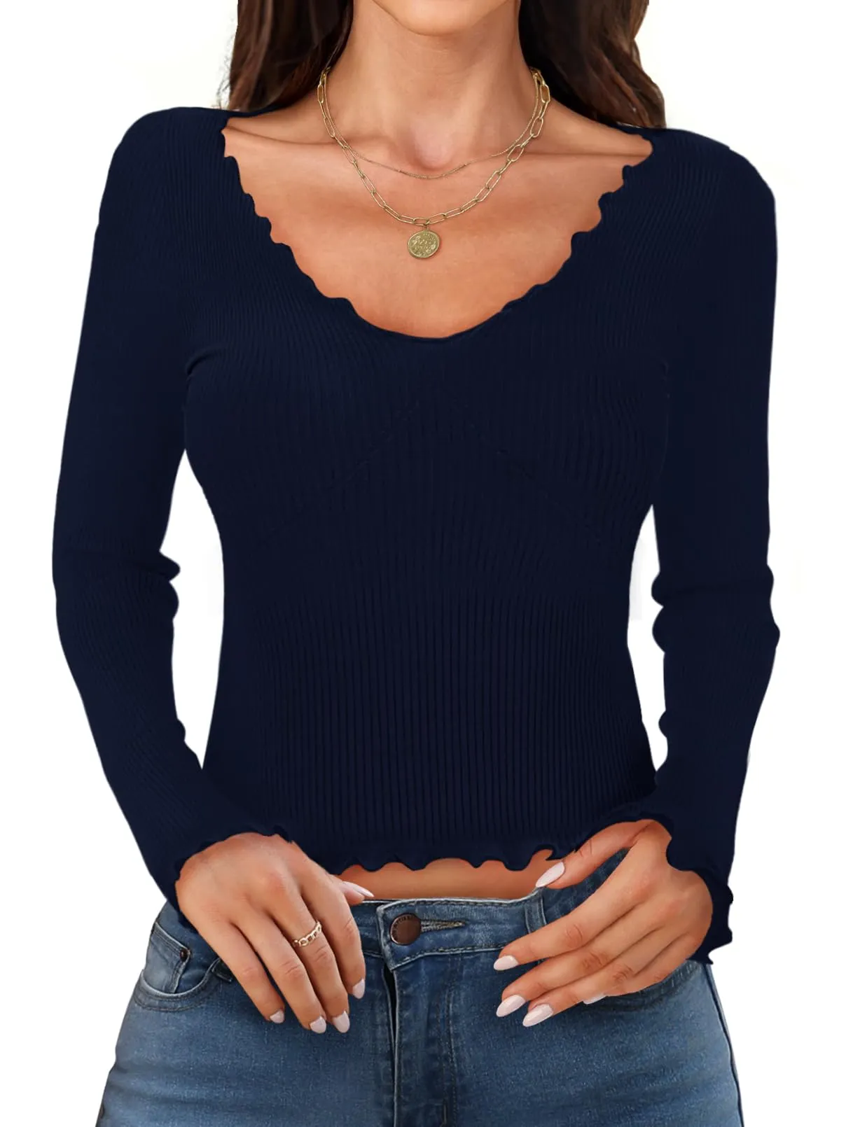 MEROKEETY Long Sleeve Low Cut Slim Fitted Ribbed Knit Crop Top