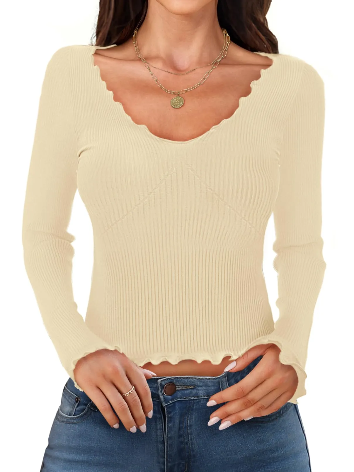 MEROKEETY Long Sleeve Low Cut Slim Fitted Ribbed Knit Crop Top