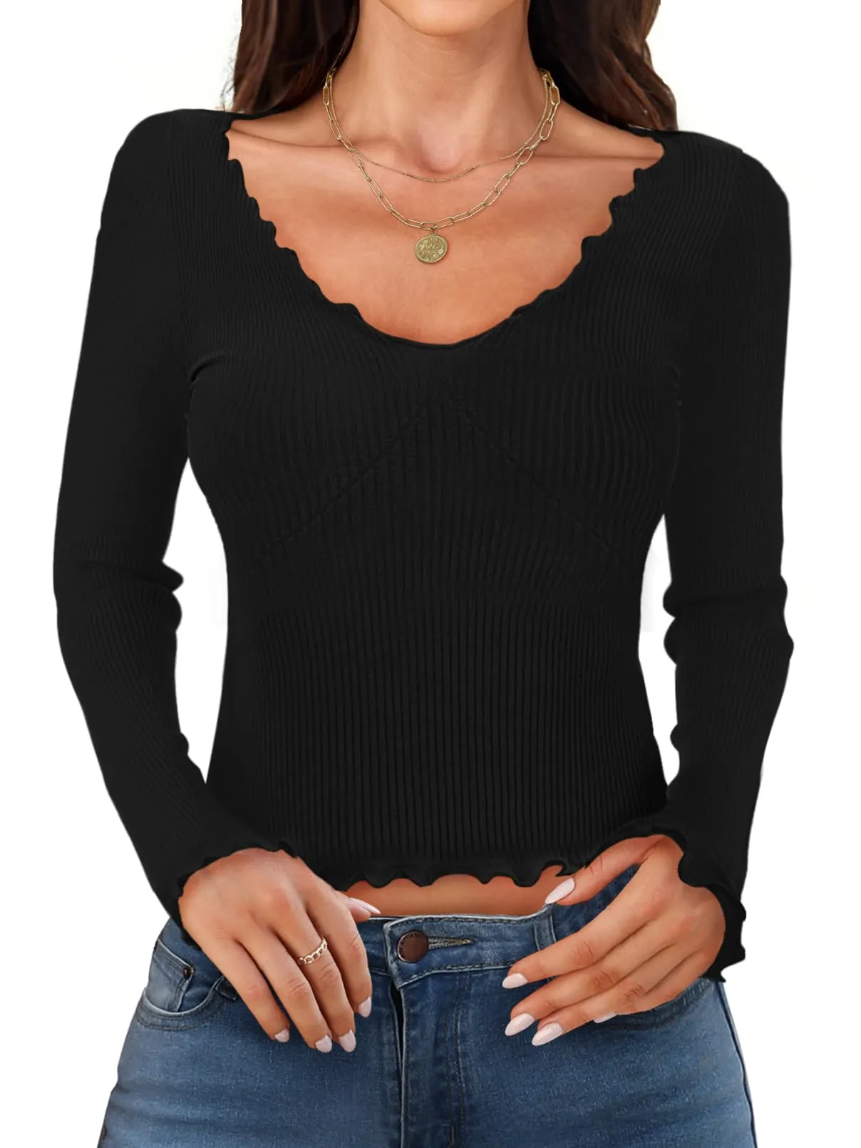 MEROKEETY Long Sleeve Low Cut Slim Fitted Ribbed Knit Crop Top