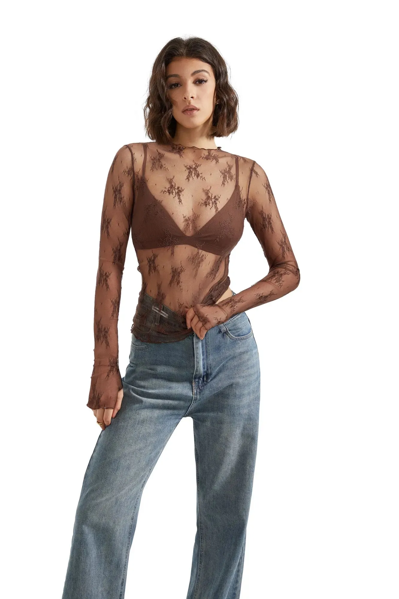 Mesh Lace Cover Shirt - Long Sleeve