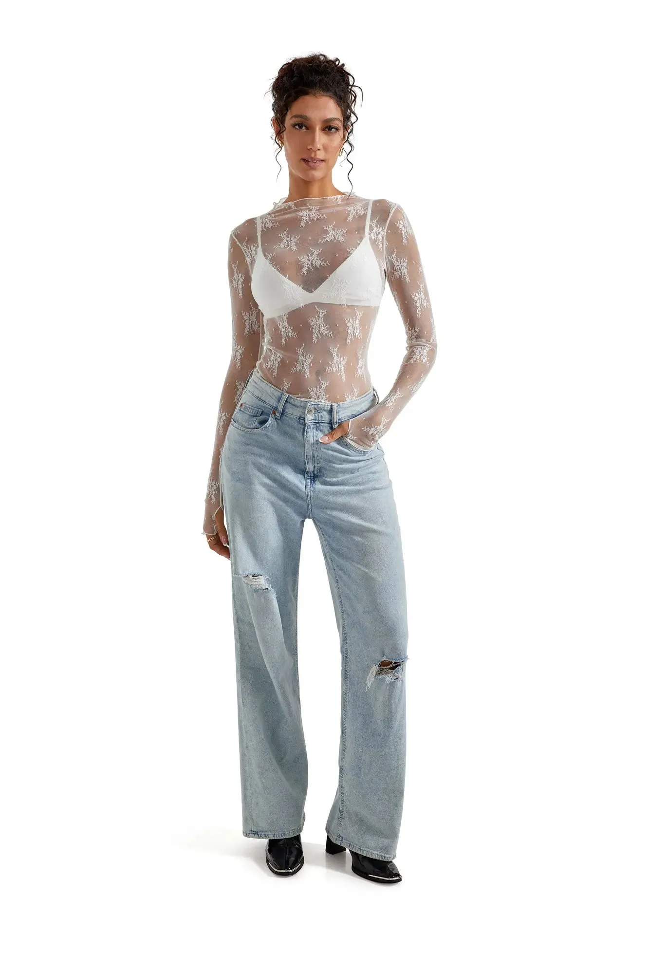 Mesh Lace Cover Shirt - Long Sleeve