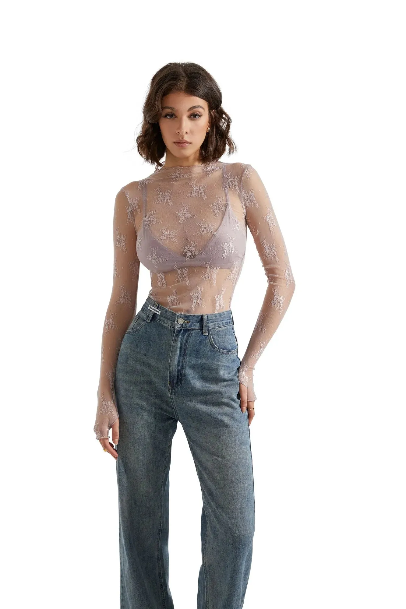 Mesh Lace Cover Shirt - Long Sleeve