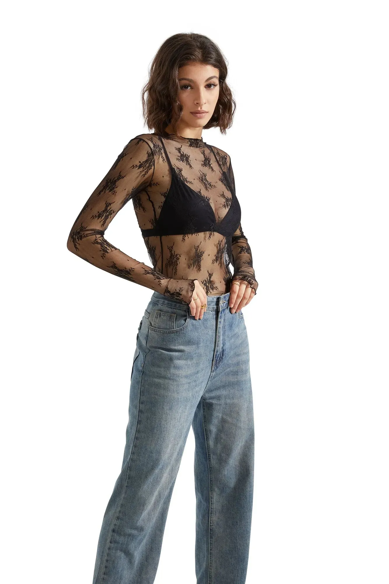 Mesh Lace Cover Shirt - Long Sleeve