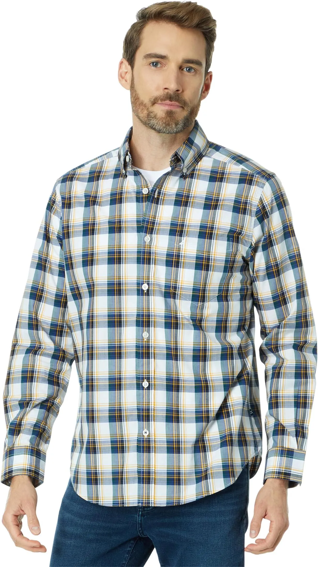 Nautica Wrinkle Resistant Checked Work Shirt, Bright White