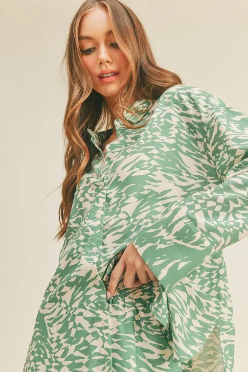 Oversized Button Up Shirt (Green Abstract)
