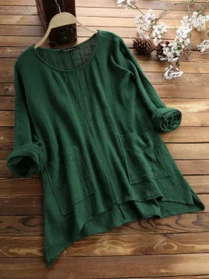 Plus Size Blouse Vintage Solid Colored Niche Pocket Shirt Blouse