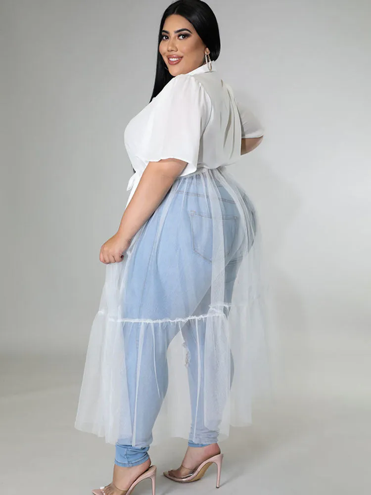 Plus Size Mesh Patchwork Short Sleeve V Neck Tops