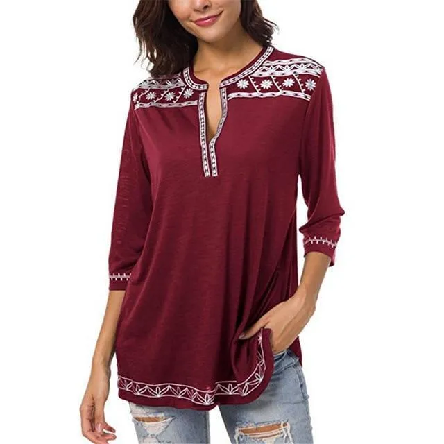 Purpdrank - Elegant Women Vintage V-Neck Blouse Tops Tee T-Shirts Plus Size