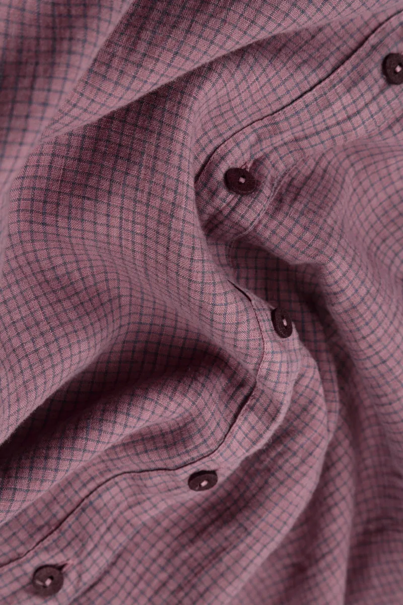 Raw Edge Mauve Taupe Grid Check Linen Shirt