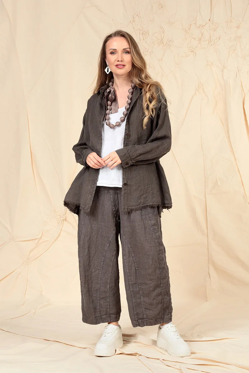 Raw Edge Truffle Grid Check Linen Shirt