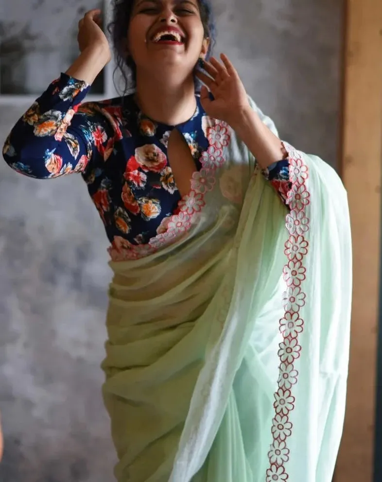 Readymade Blue And Multicolored Rayon Blouse