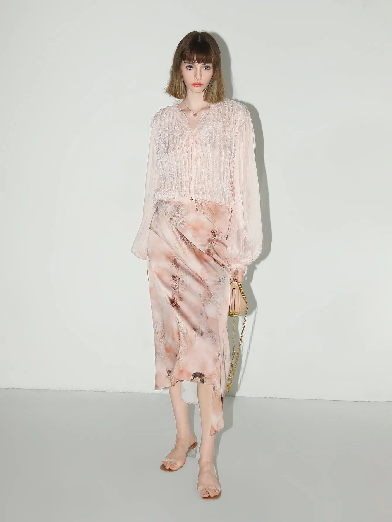 Romantic Soft Pink Blouse with Bubble Sleeves