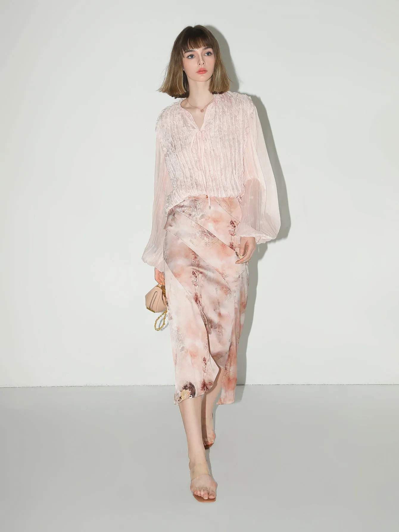 Romantic Soft Pink Blouse with Bubble Sleeves