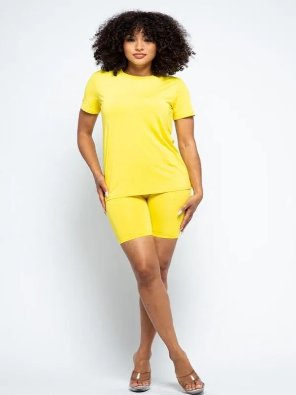 Round Neck & Biker short Set Illuminating Yellow
