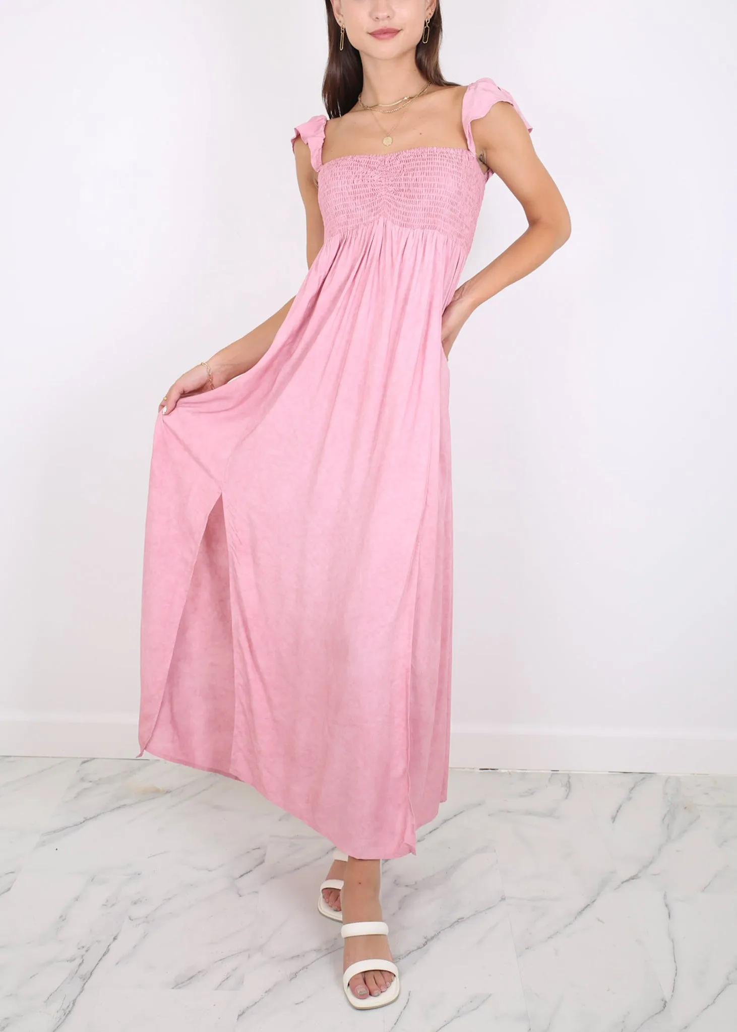 Ruffled Cap Sleeve Maxi Slit Dress by Anna-Kaci